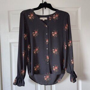 Loft XS V-Neck Long Sleeve Button Down Grey Blouse
